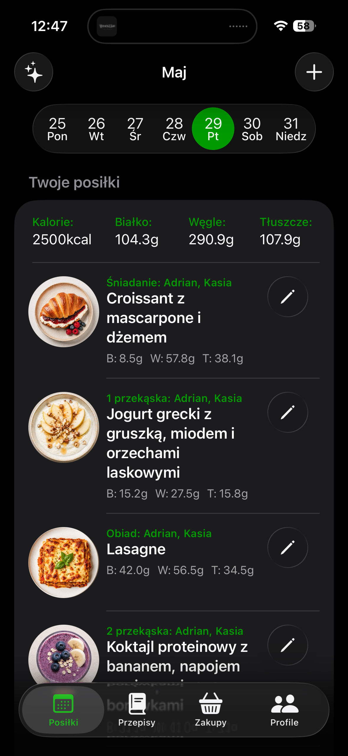 Plan posiłków na dzień w Meals +