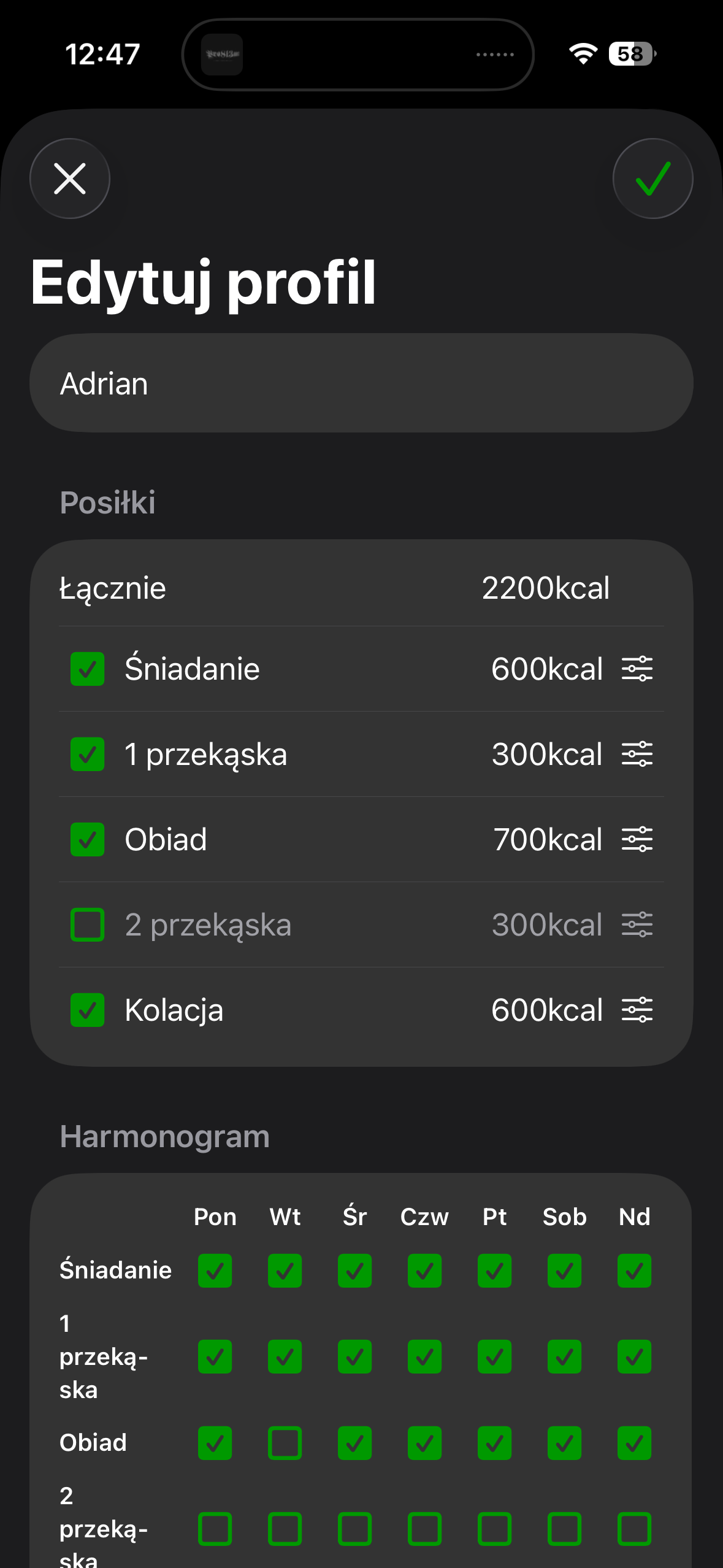 Edycja profilu i celów