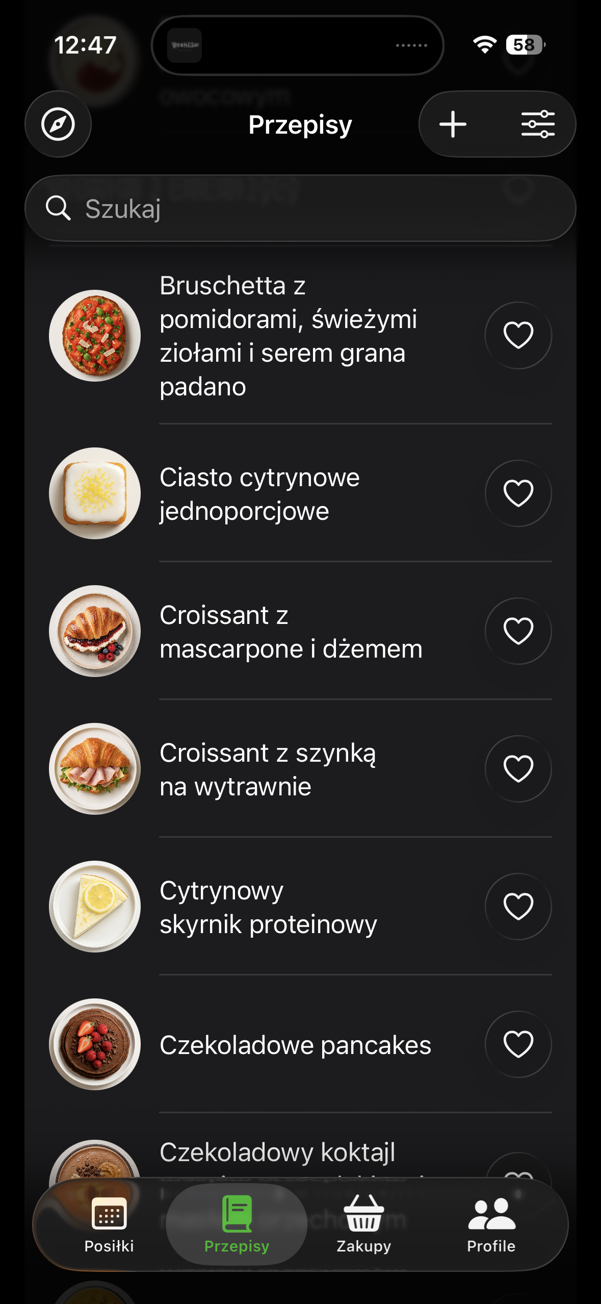 Lista przepisów w Meals +